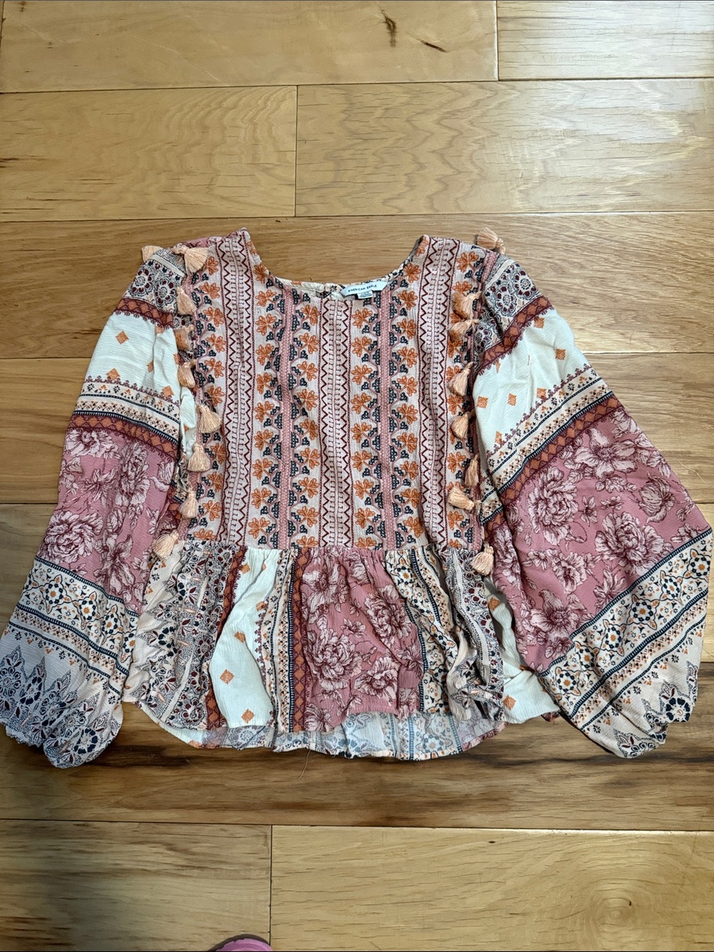 American Eagle Boho Peasant peplum Blouse in Dusty Rose and Cream, large